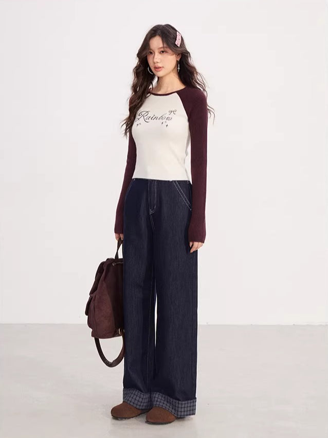 Color-blocked Sleeve Embroidered Top