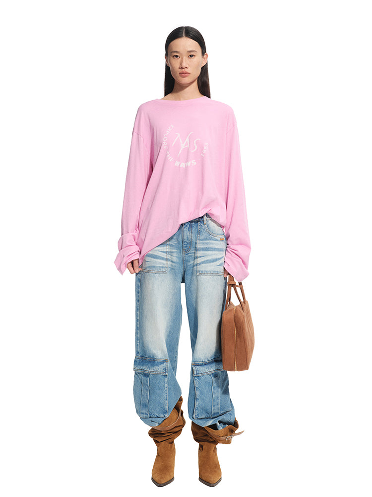 Washed Twill Denim Whisker Wide-leg Jeans