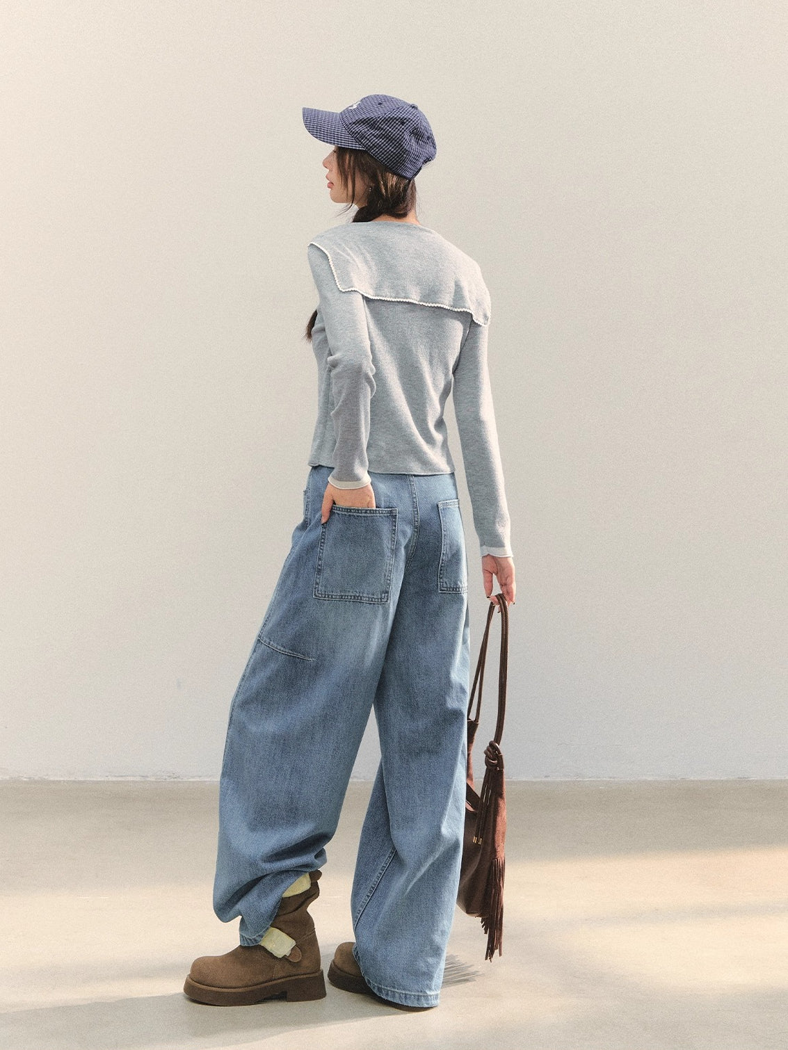 Navy Blue & Gray Sailor-Bow Knit Cardigan