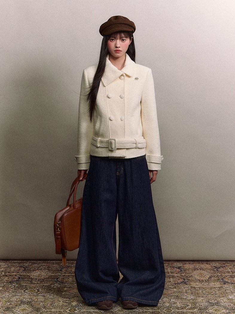 Diagonal Collar Double-Breasted Wool Coat