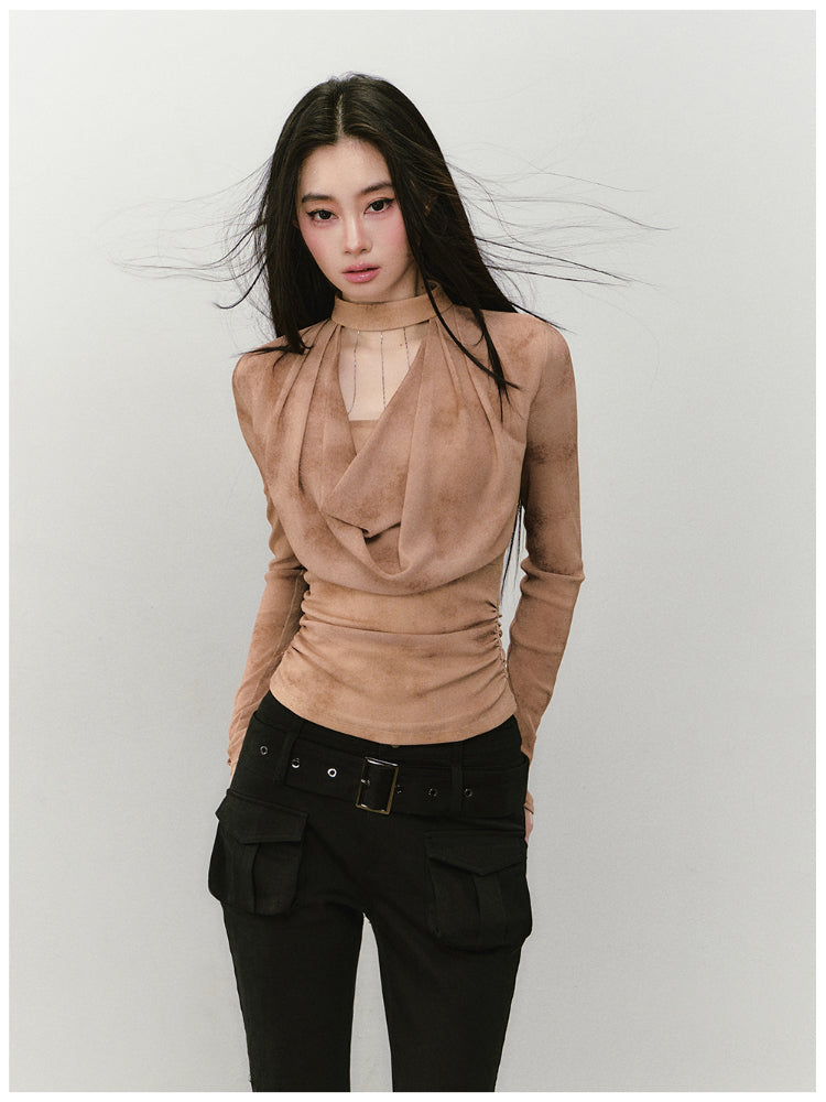 Chain Halter Draped Neck Fitted T-shirt