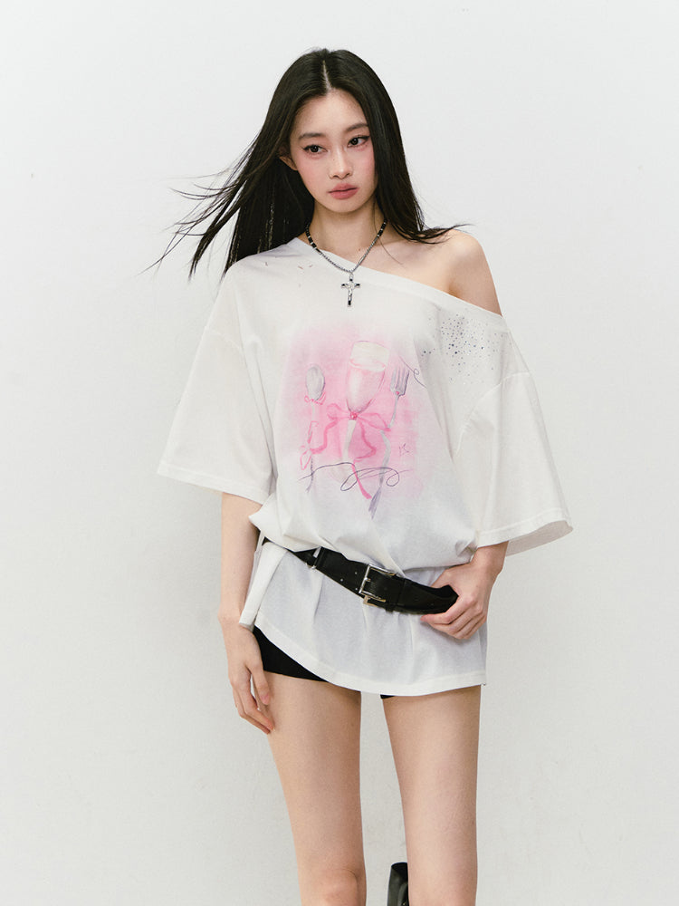 Rhinestone Printed Asymmetric Shoulder Short sleeve T-shirt