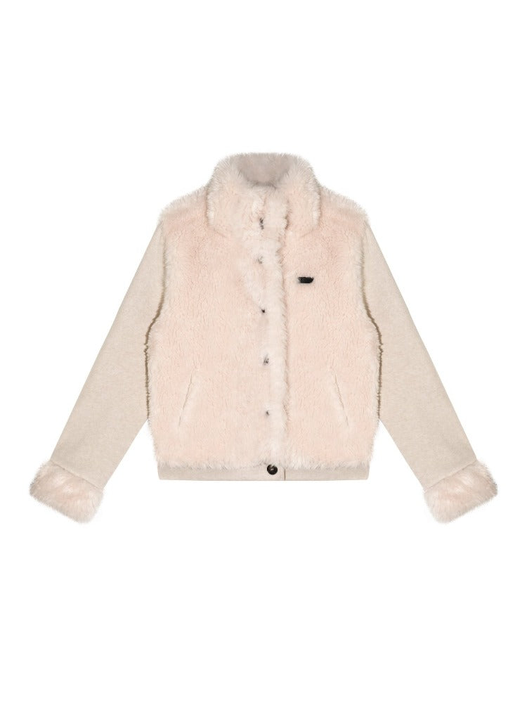 Eco-Faux Fur Knit Stand Collar Jacket