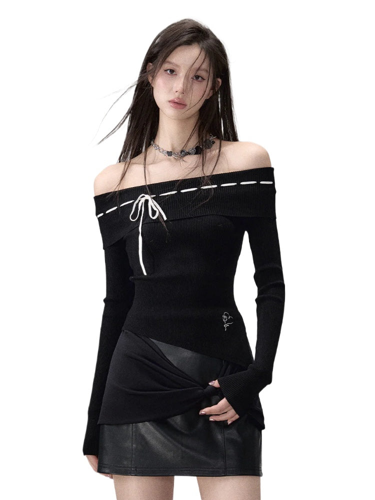 Black & Brown Off-shoulder Knitted Long Sleeve T-shirt