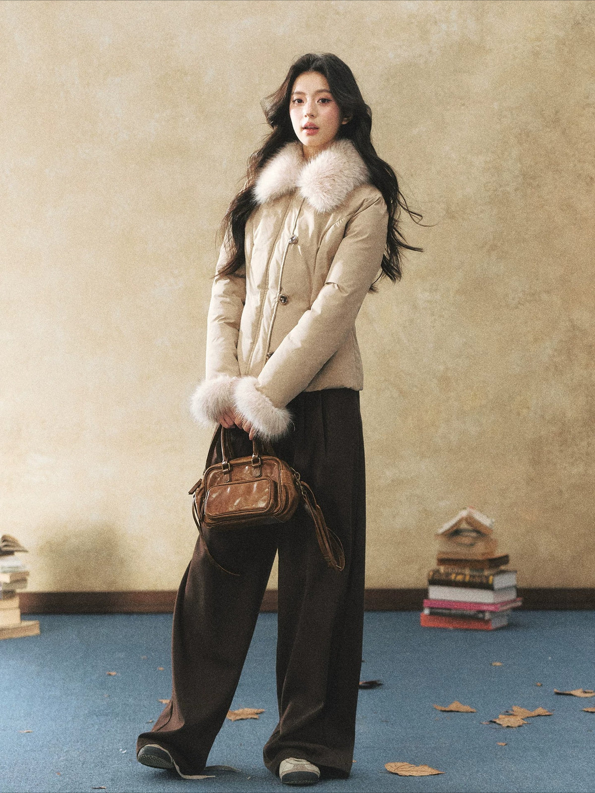 Khaki Faux Fur Collar Puffer Jacket