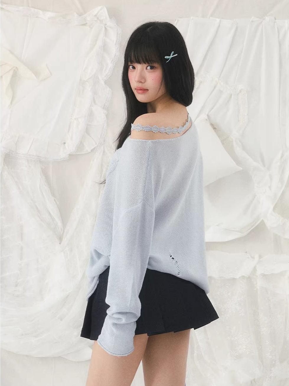 Number Printed Jacquard Off-Shoulder Top