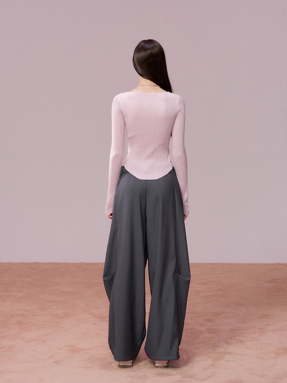 Ribbed Button Waist Knit T-shirt