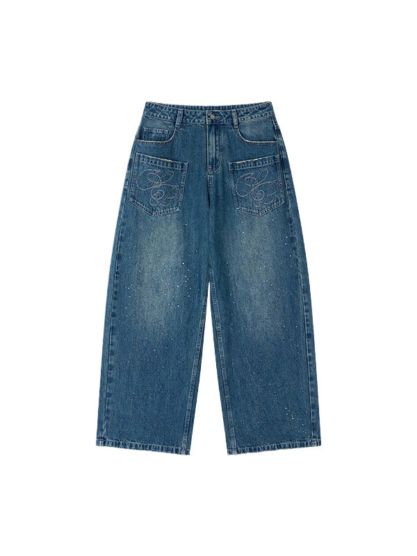 3D Rhinestone Wide-leg Denim Pants