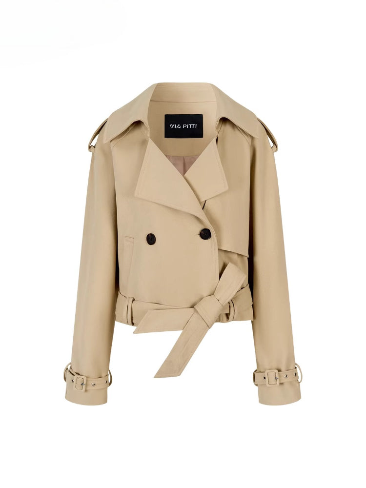 Short Double-Breasted Belted Trench Jacket