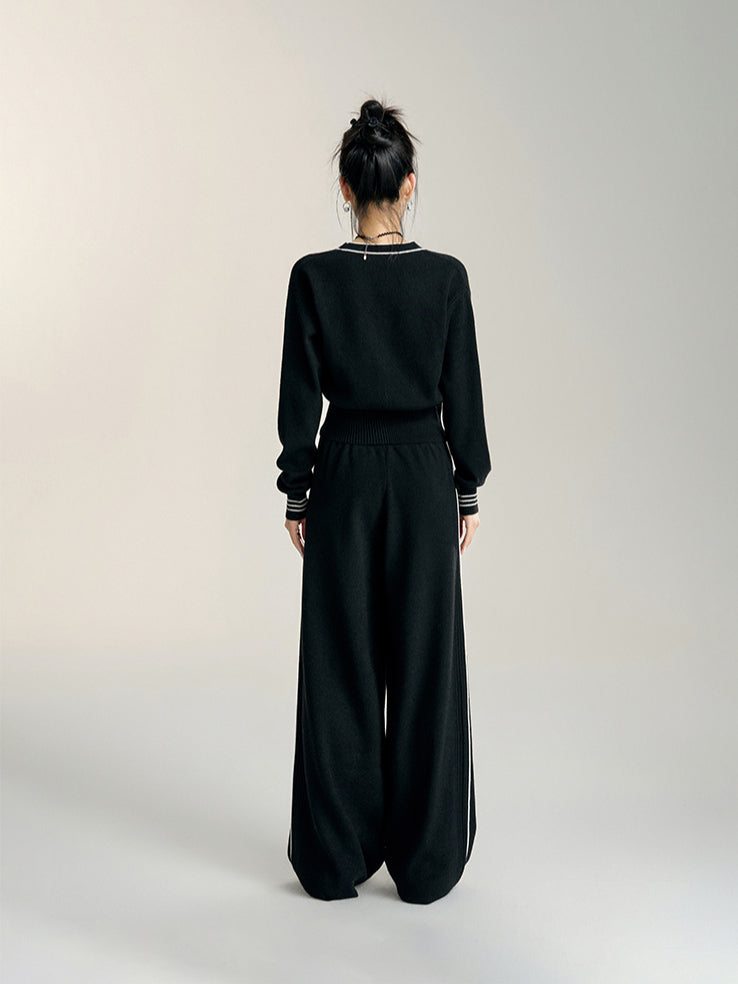 Black & Off-white V-neck Knitted Cardigan Set