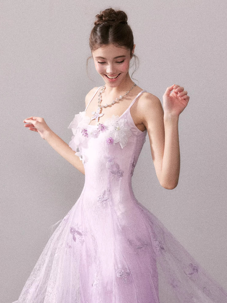Light Purple Gradient Embroidered Bud Lace Long Dress