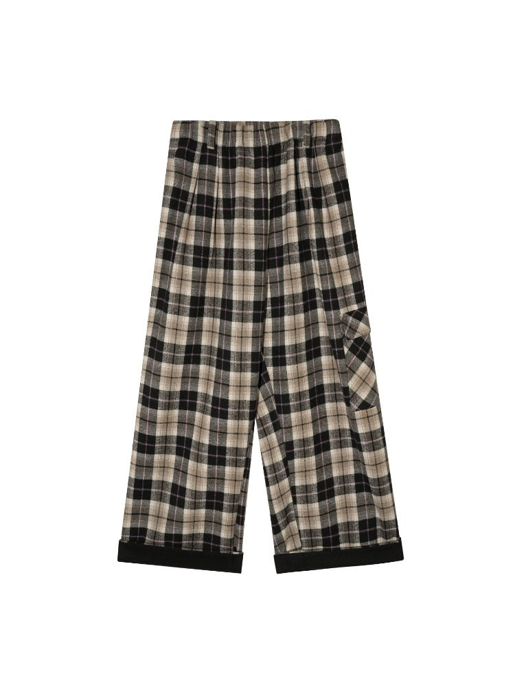 Contrast Plaid Wide-Leg Pants