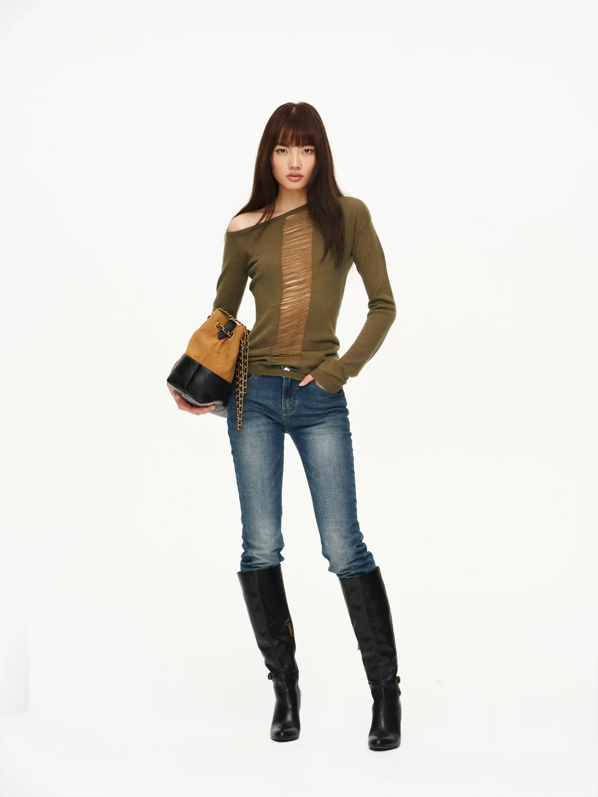 Two-Tone Openwork Merino Wool Sweater