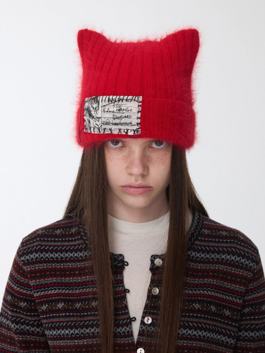 Knitted Cat-Ear Beanie with Hand-Stitched Label