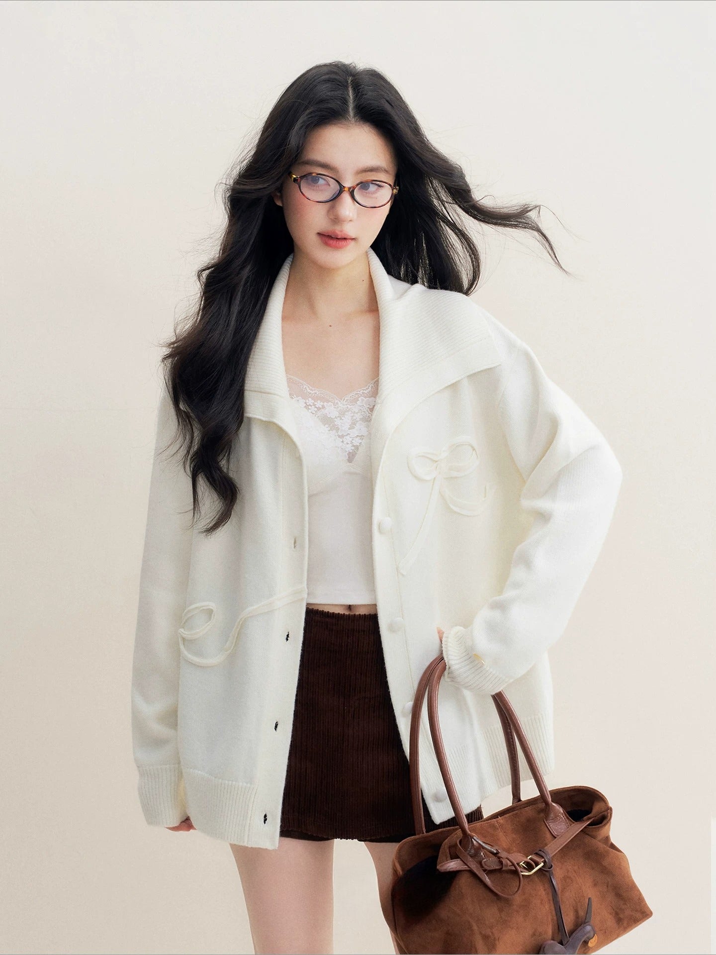 Beige Bow-Embroidered Knit Cardigan
