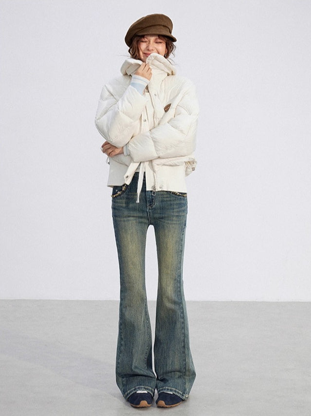 Large Lapel Knit-Panel Down Jacket