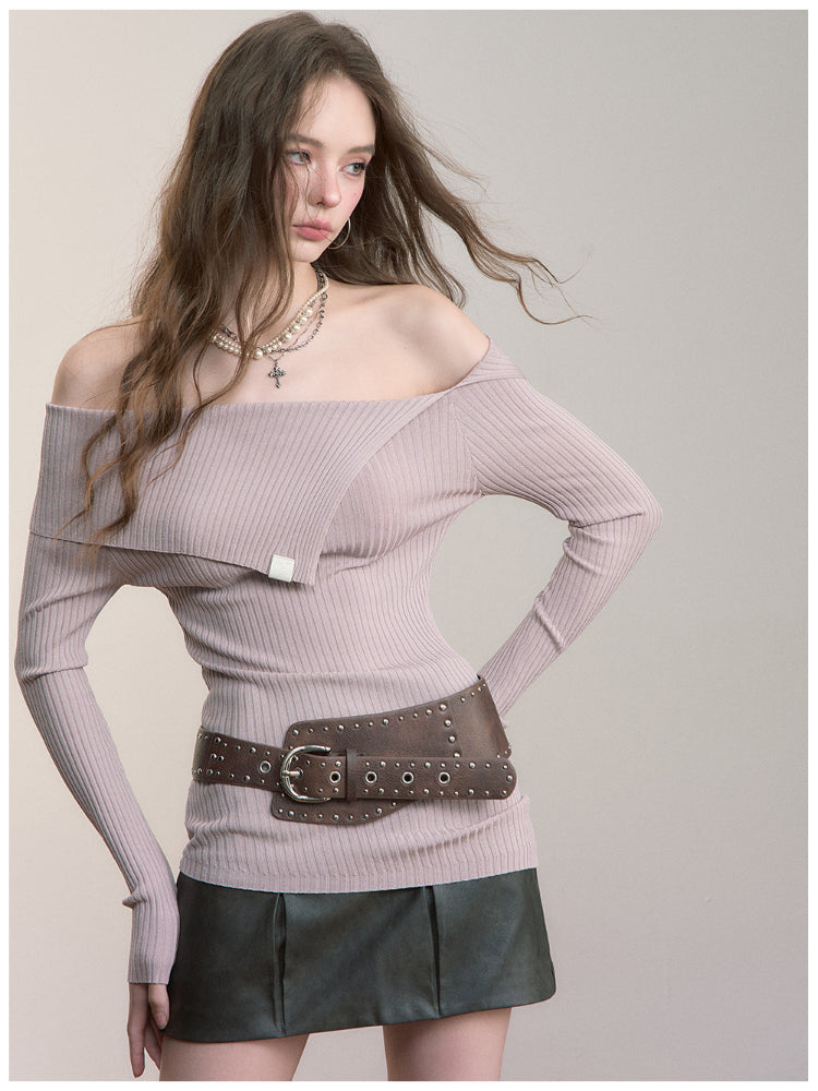 One-Shoulder Collared Knit Crewneck