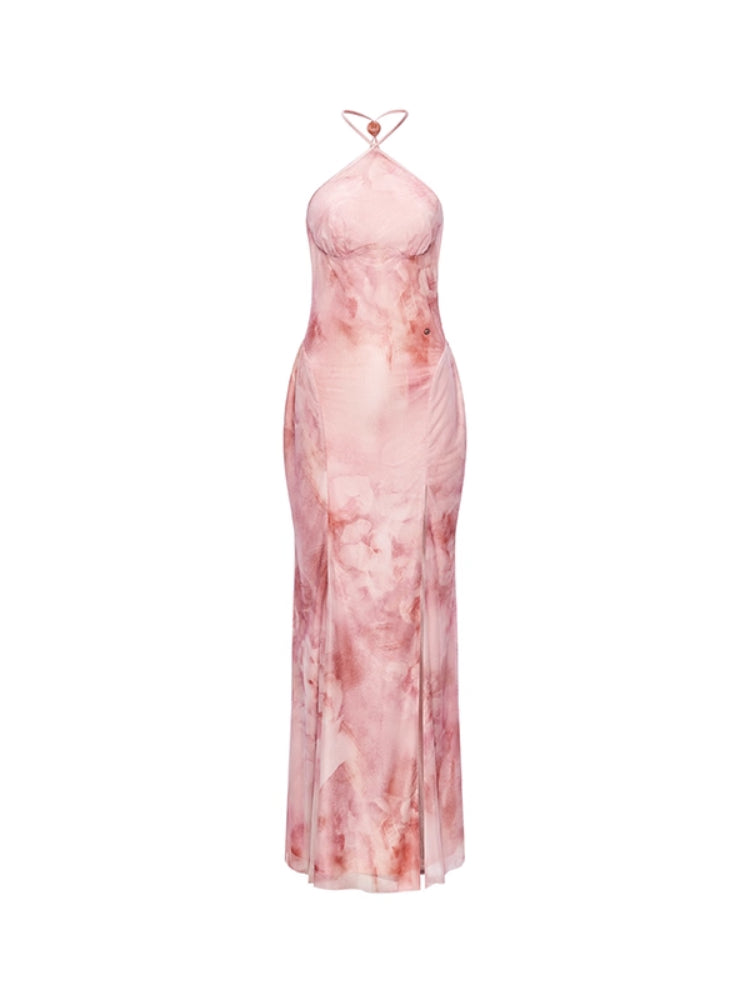 Net Fabric Halter Neck Backless High Slit Floral Print Dress