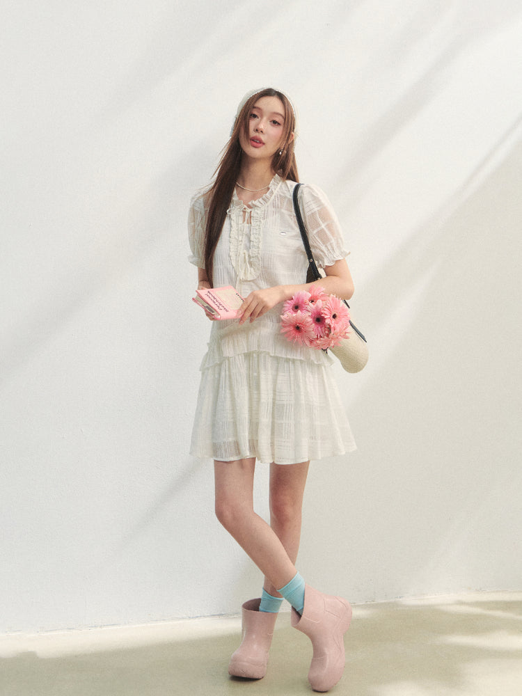 Checkered Hollow-Out Ruffled Dress Set