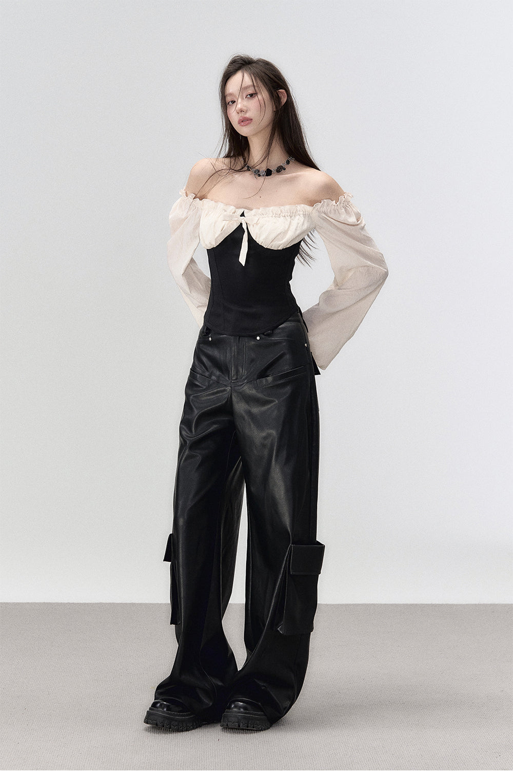 Black Rivet Straight Leather Pants