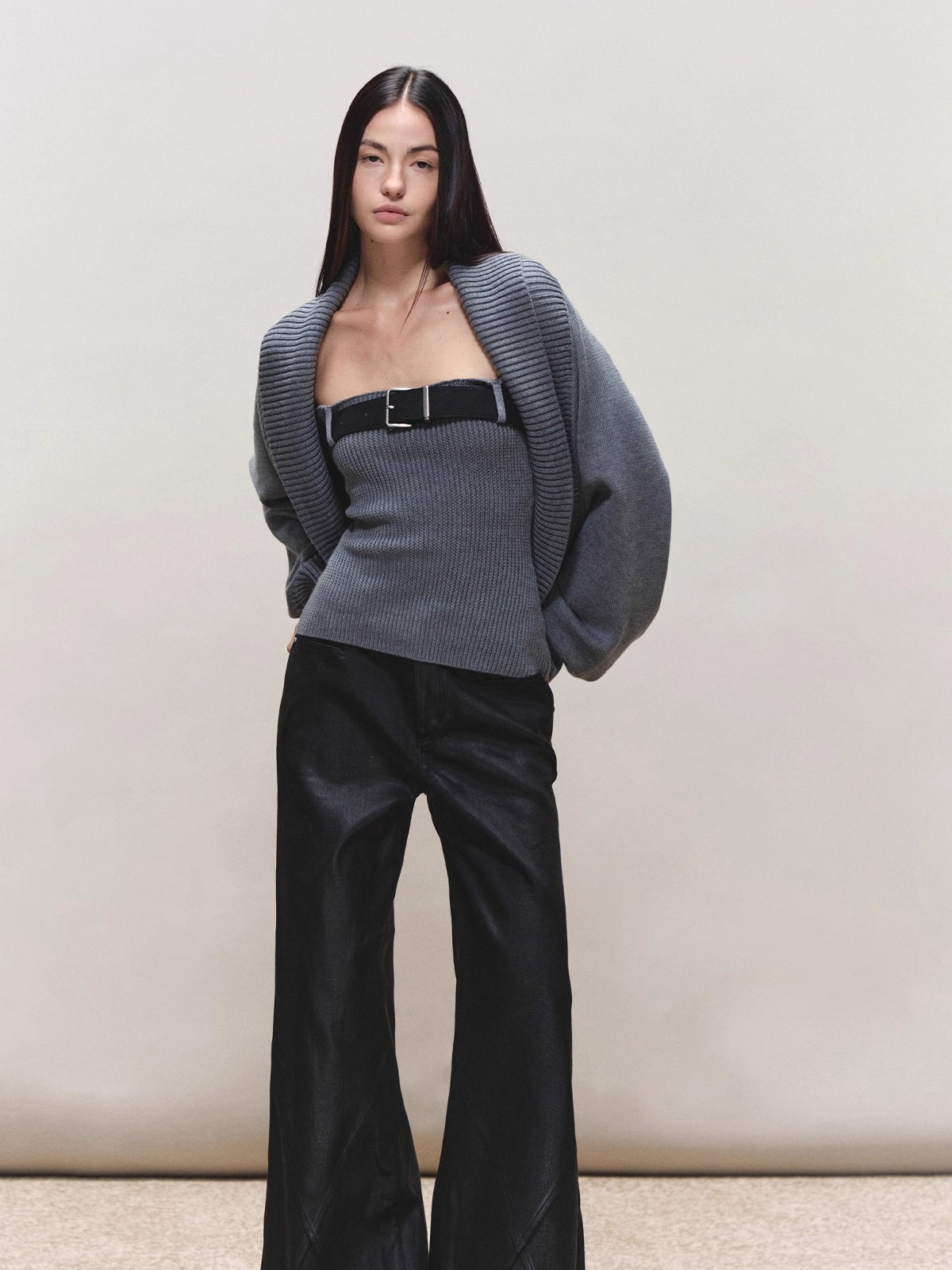 Coated Straight Wide-Leg Pants