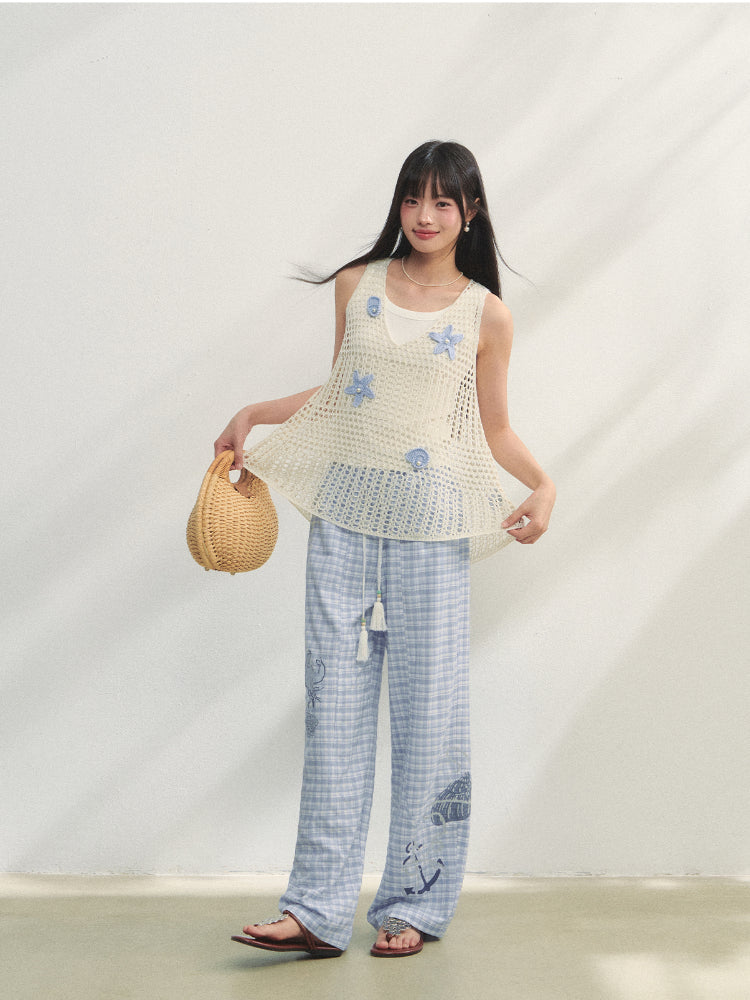 Checkered Print High-Waist Tie Pants