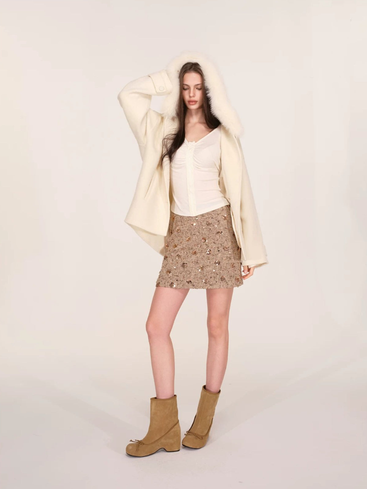 Sequined Contrast Waist Tweed Mini Skirt
