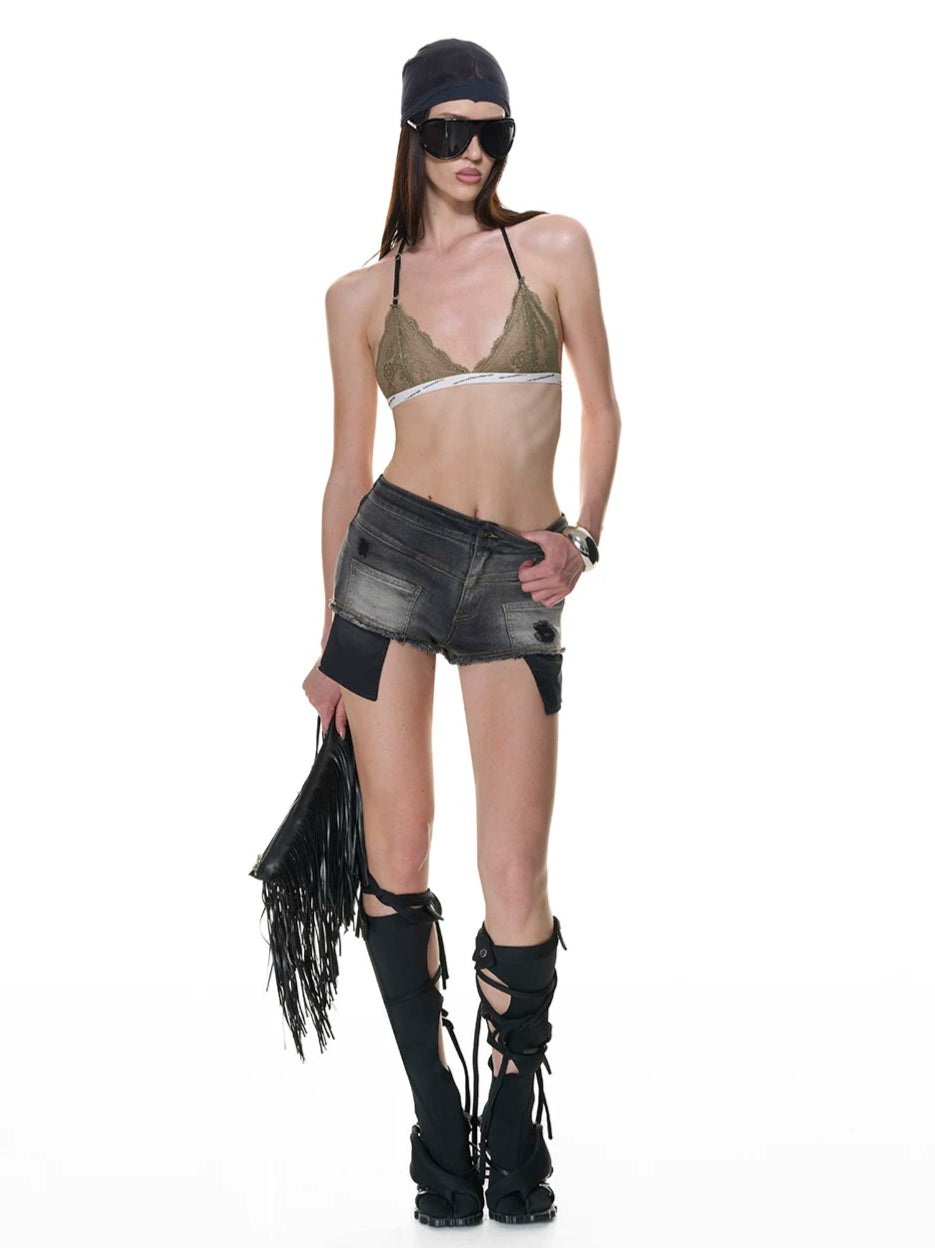 Cross Cutout Denim Shorts