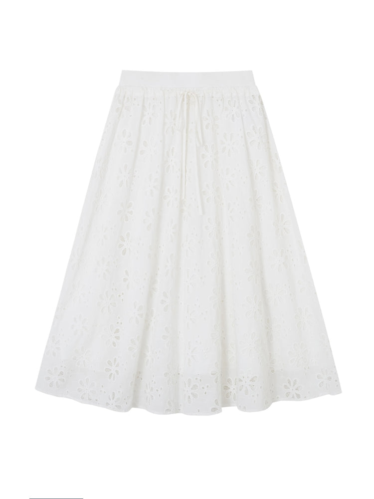 Hollow-out Flower Tie-up Short-Sleeve Top & Skirt Set