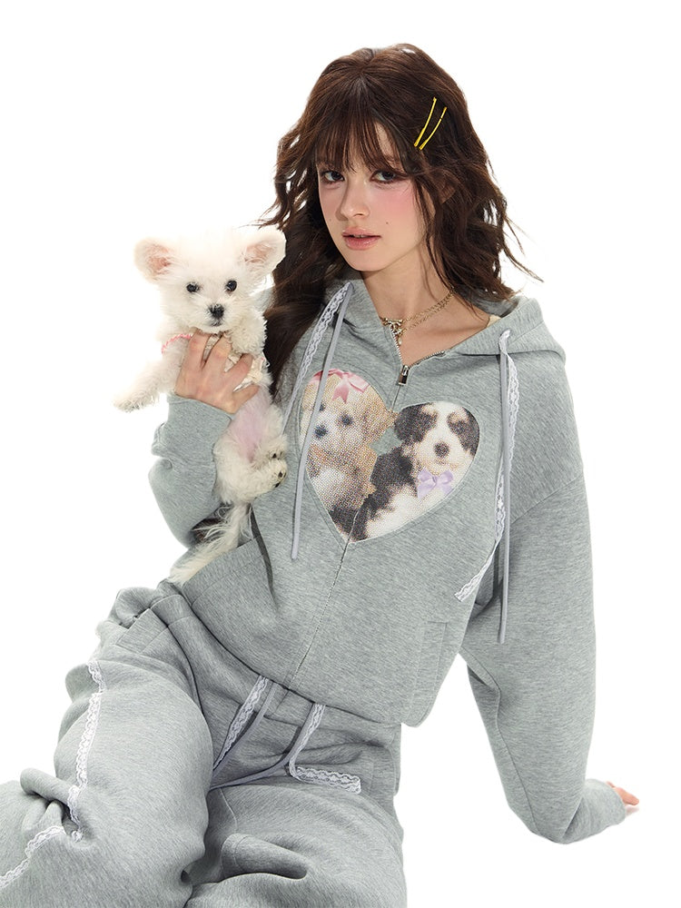 Gray Spliced Dog-Print Hoodie & Sweatpants Set