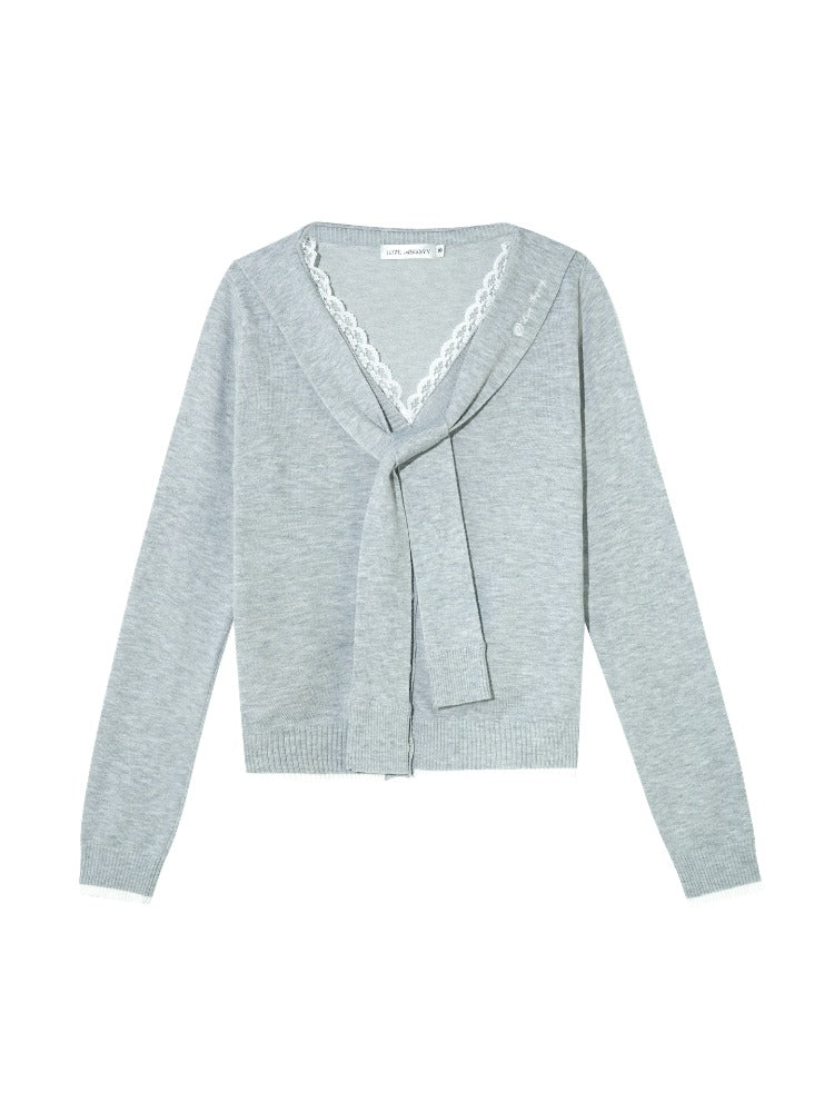 Lace-Trim Tie Knit Blouse