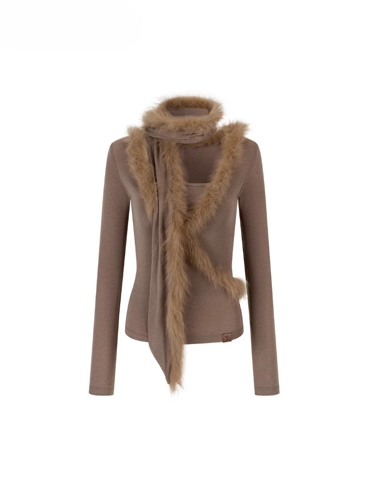 Patchwork Fox Fur Knit Top & Fur Scarf Set