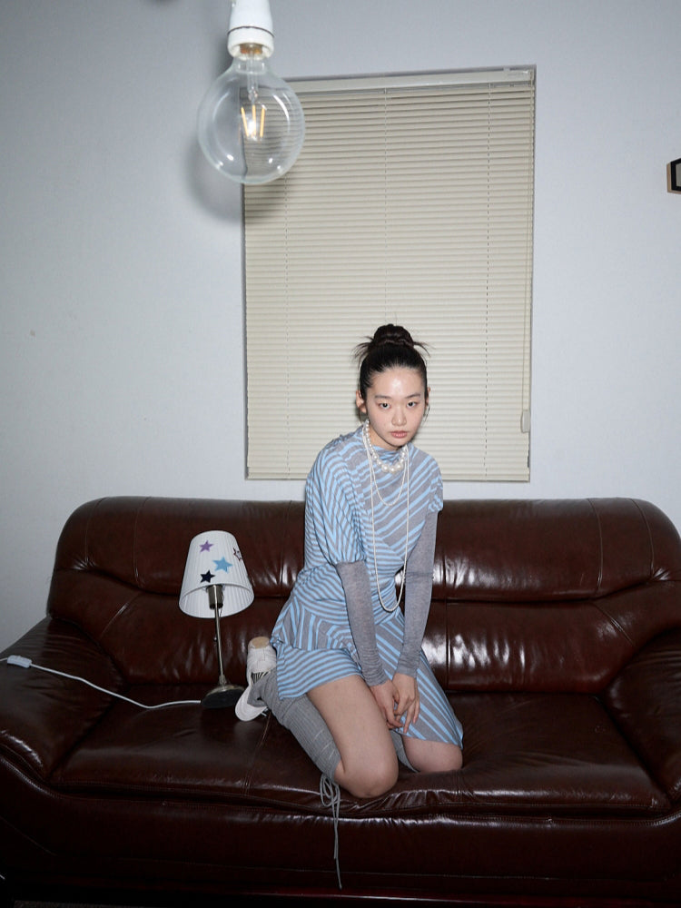 Blue-Gray Striped Irregular Patchwork Dress