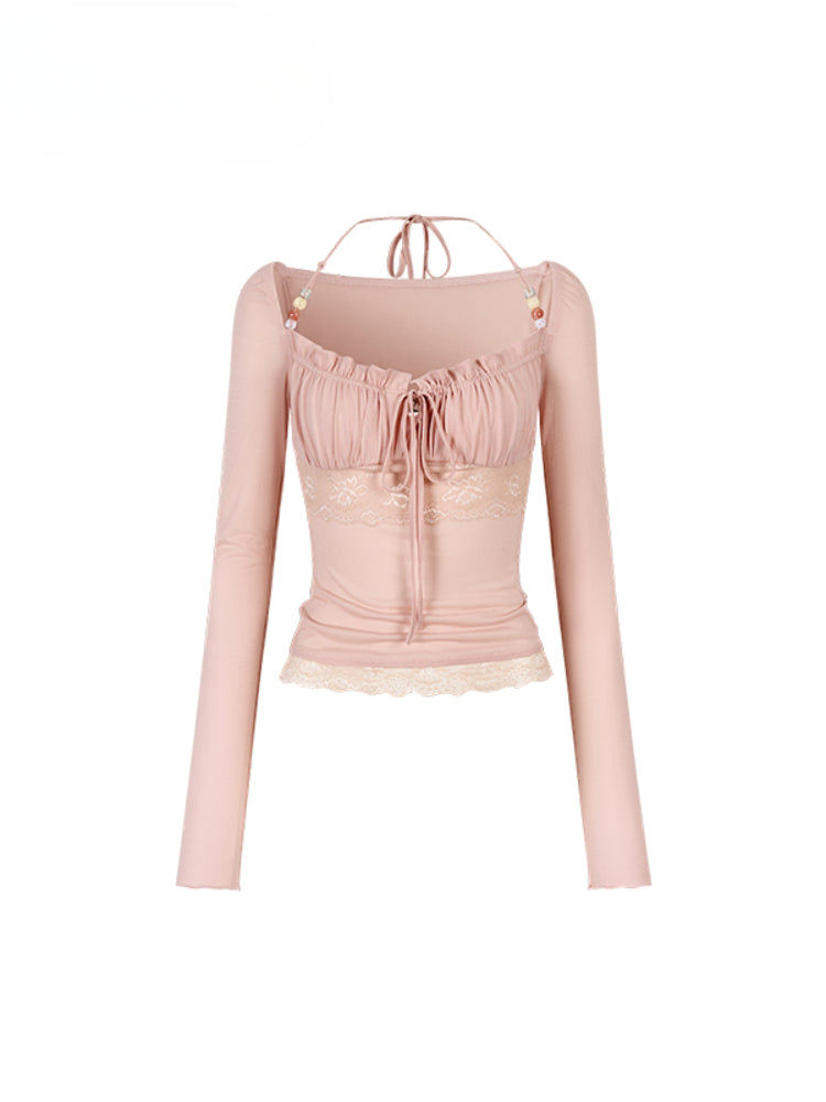 Lace Panel Beaded Acetate T-shirt