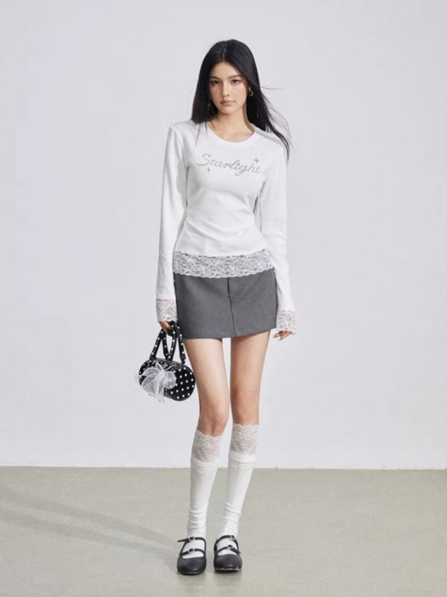 Beige Rhinestone Lace T-Shirt