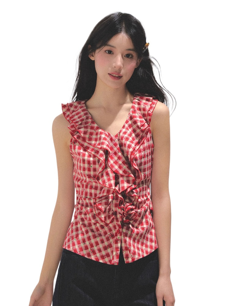 Sleeveless Checkered Top Vest