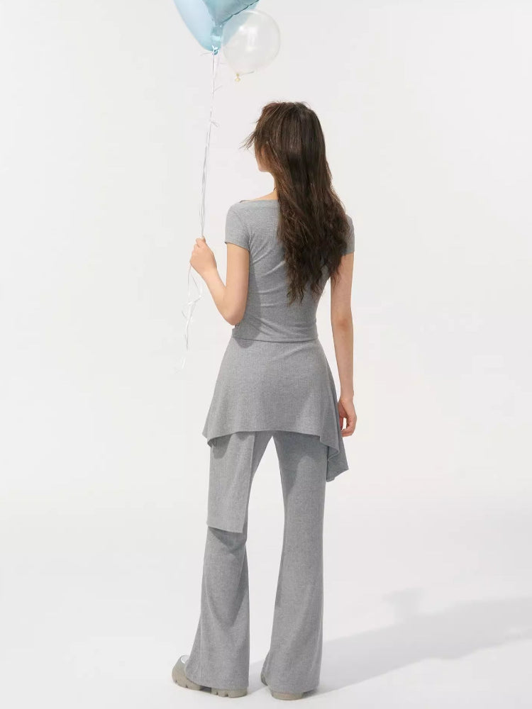 One Shoulder Irregular Slanted Pleat T-shirt & Pants Set