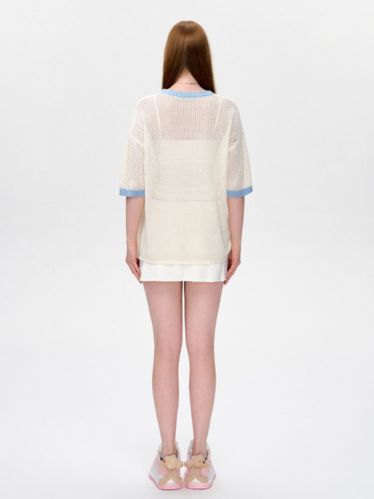 Hollow Color-Blocked Logo Round Neck T-shirt