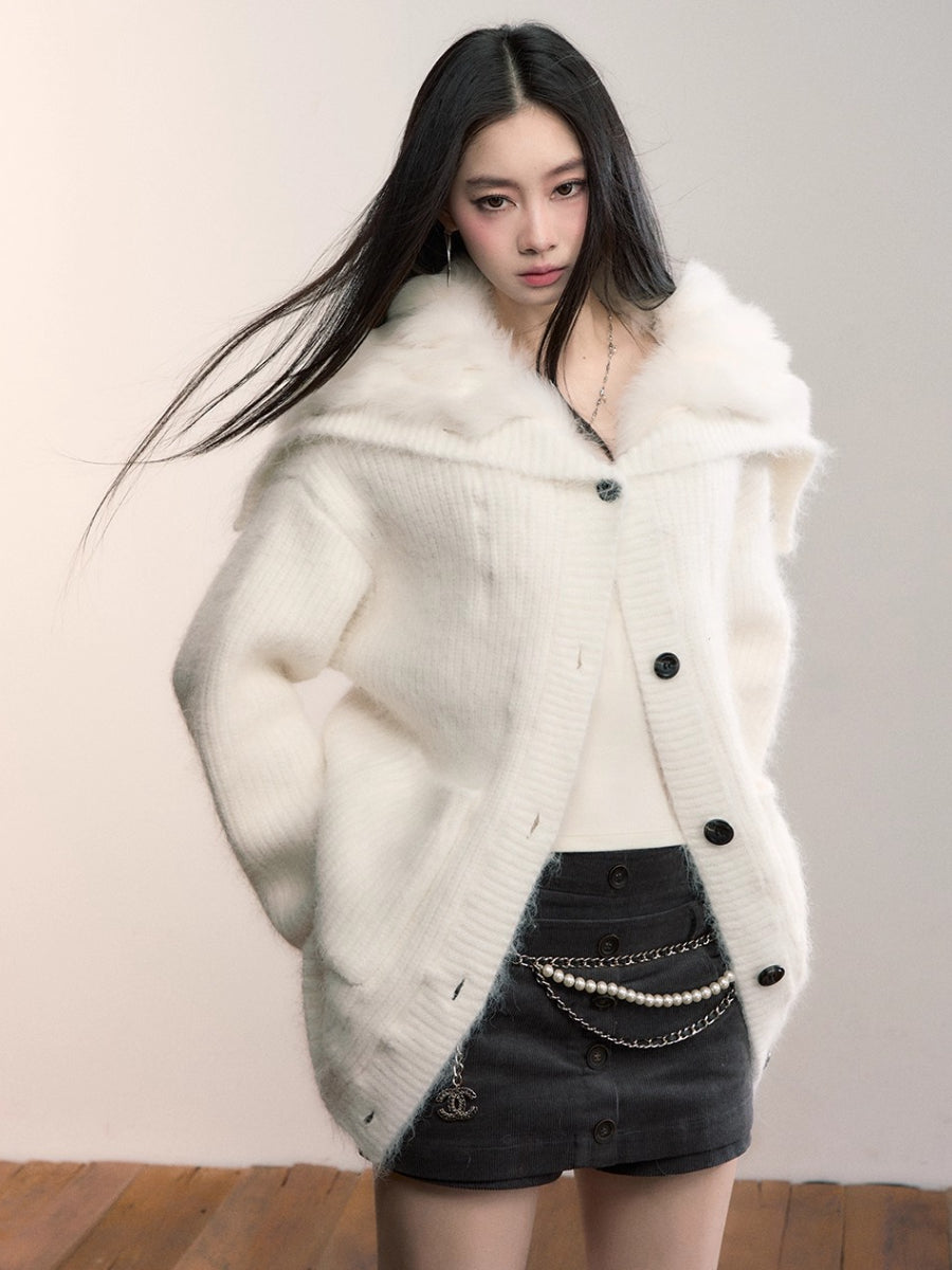 Fox Fur Large Notch Collar Cardigan