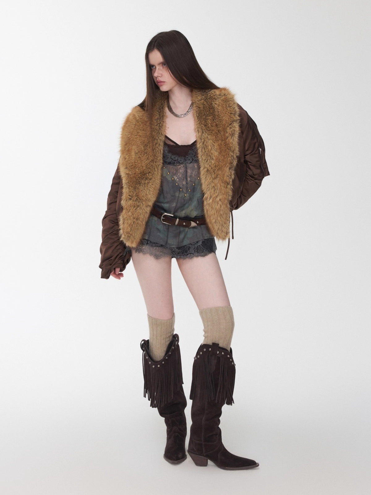 Brown Faux-Fur Collar Bomber Jacket
