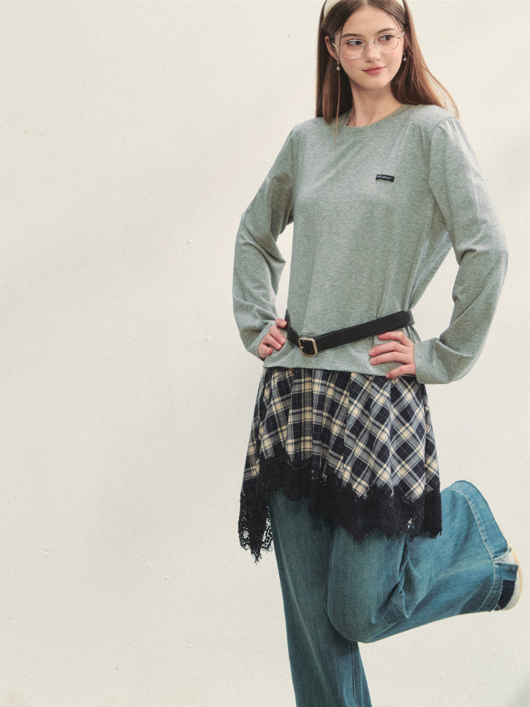 Plaid Lace Patchwork Knit Dress