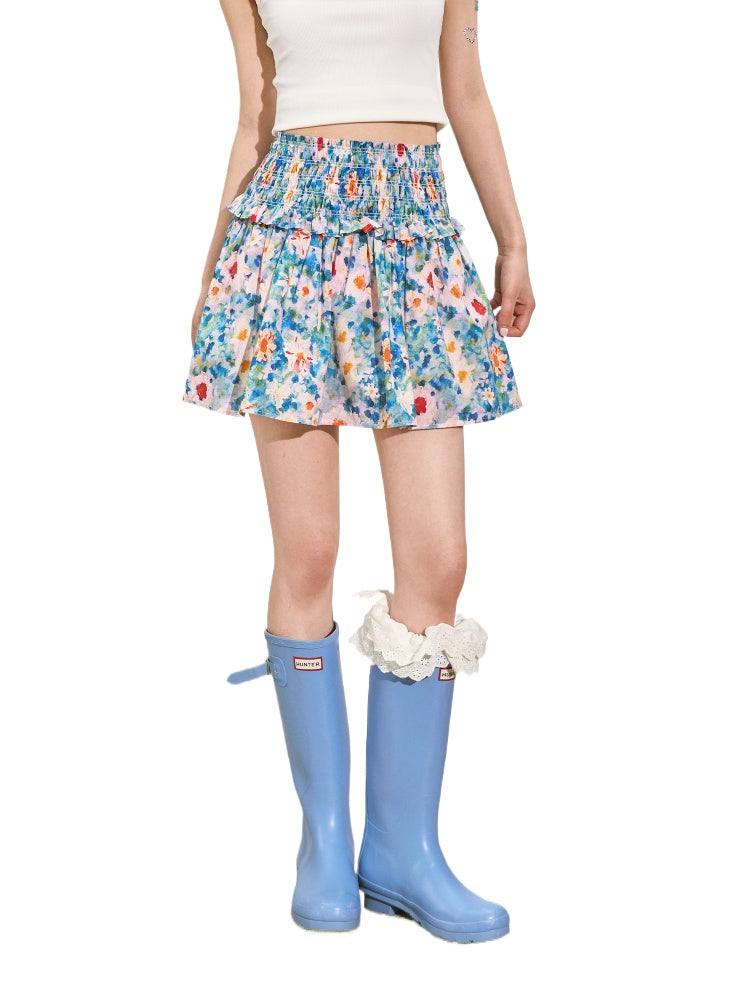 Floral Waist-cinching Slim-fit Midi A-line Skirt