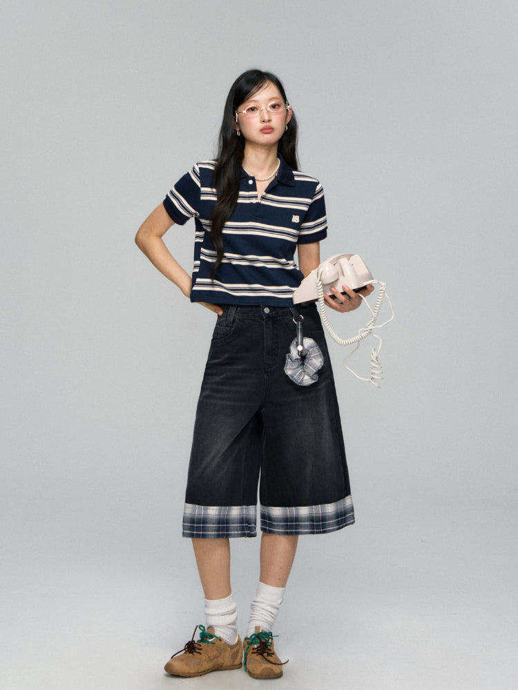 Checkered Patchwork Color-Blocking Wide-Leg Pants Set