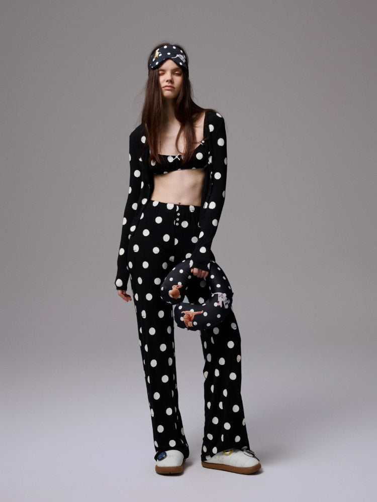 Contrast Polka Dot Lace-Trim Wireless Bra Two-Piece Set