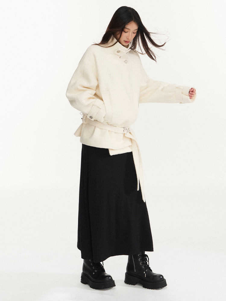 Cream & Black Wool Blend Loose Lapel Jacket