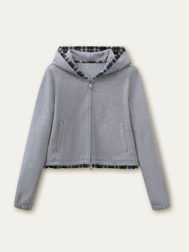 Gray Plaid Spliced Hoodie & Skirt Set