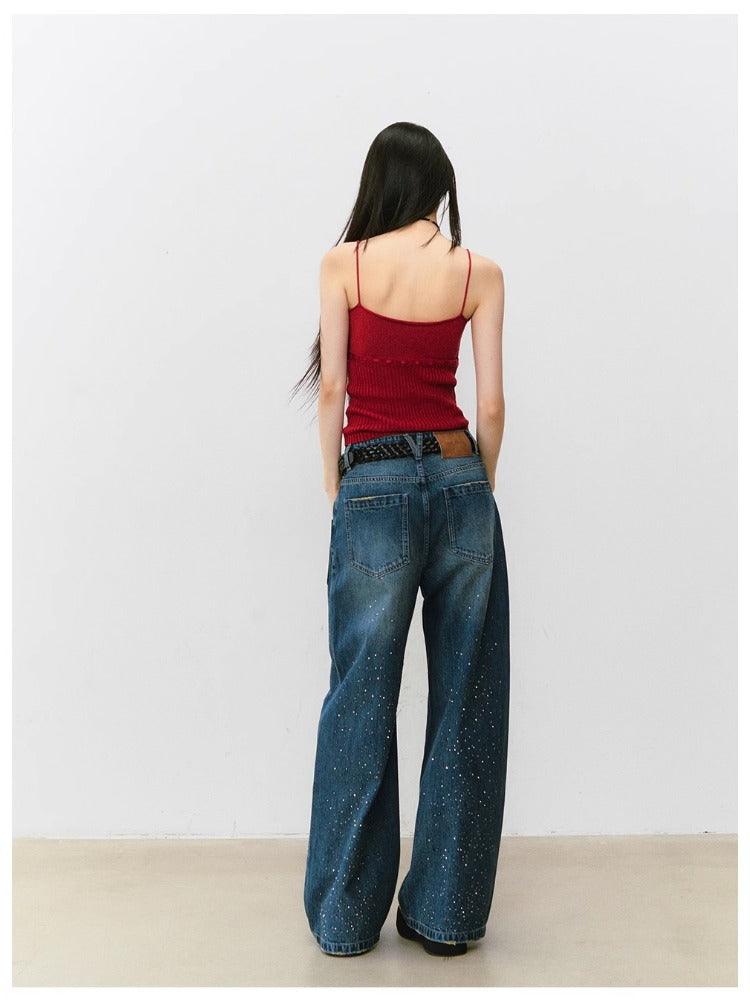 3D Rhinestone Wide-leg Denim Pants