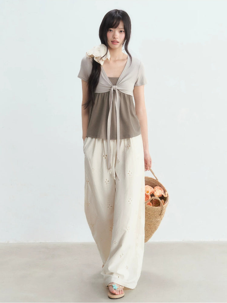 Cut-out Embroidered Casual Pants