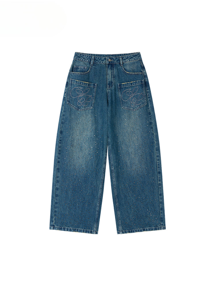3D Rhinestone Wide - leg Denim Pants
