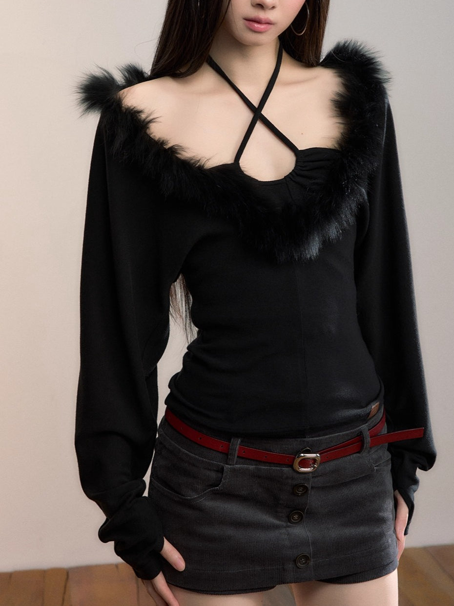 Fox-Trim Halter Knit Top